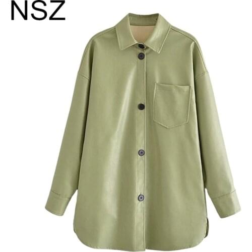NSZ Women Oversized Faux Leather Shirt Coat 2021 Autumn New Large Size Overshirt Ladies Casual Wide Jacket Female Outerwear