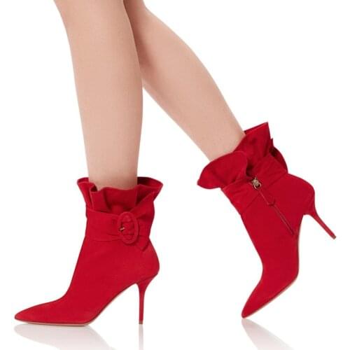 34-46 Big Size Women Winter Boots Pointed Toe Ruffle High Heel Bootie White Black Red Buckle Dress Shoes Elegent Pumps