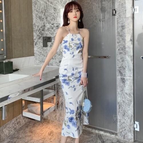 Women Sexy Spaghetti Strap Chic Maxi Dresses Backless Lace Up Party Evening Dress Summer High-end Vacation Vintage Print Dress