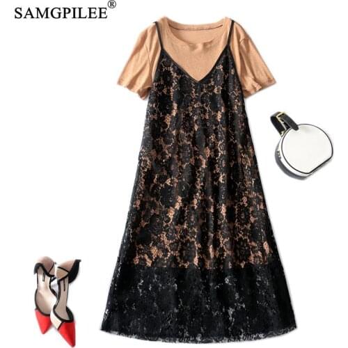 Two Piece Sets For Women 2021 Sling Hook Flower Hollow Lace Dress Mid-calf Length T-shirt Two-piece Short-sleeved Dress Suits