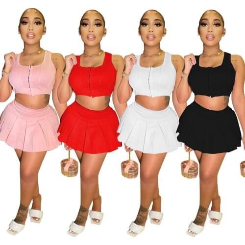 Women Clothing Sets Summer Skirt Fashion Solid Color Leisure Vest Sports Pleated Skirt Two-piece Suit Lounge Wear Matching Sets