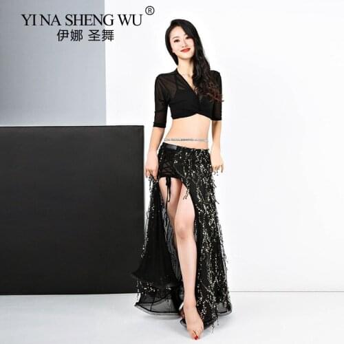 Belly Dance Costume Sequin Tassel Set Women Bellydance Clothing 2 Piece Set Sexy Mesh Shirt Fishtail Skirt Performance Clothing