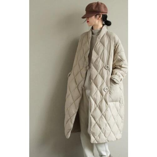 Womens Fluffy down coats Winter Literary retro Loosed warm duck down coat female oversized diamond plaid down parkas F2595