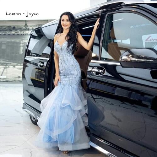 Lemon joyce Formal Mermaid Evening Dresses Long 2020 Luxury Beading V-neck Backless Evening Party Gowns Dubai Dress Plus Size