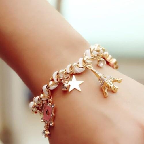 1 Pcs Women Flowers Stars Hearts Paris Eiffel Tower Crown Poker Cute Bangle Leather Rope Chain Bracelet Good Gift for Girls