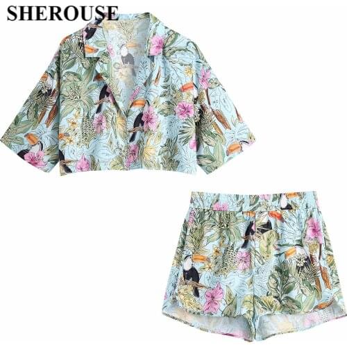 2021 New Summer Women Animal Printed 2 Pieces Set Cropped Shirt And Shorts Suit Chic Lady Fashion Casual Women Outfit Shorts Set