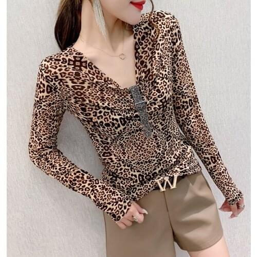 #8627 Black Grey Leopard Long Sleeve T Shirt Women Cotton V Neck Sexy Skinny Basic T Shirt Female Streetwear Tee Spring Autumn