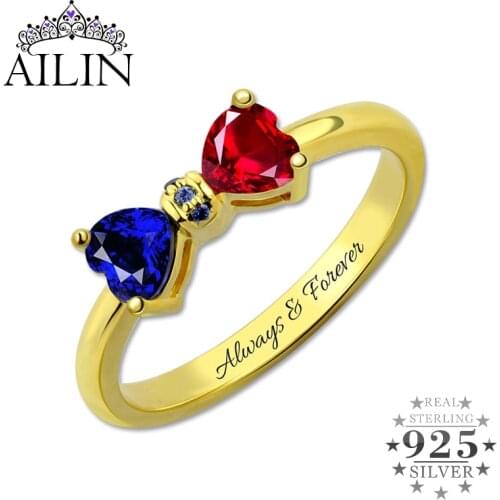 AILIN Bow Knot Custom Heart Birthstone Rings Women 925 Sterling Silver Personalized Engraved Wedding Ring Girlfriends Jewelry