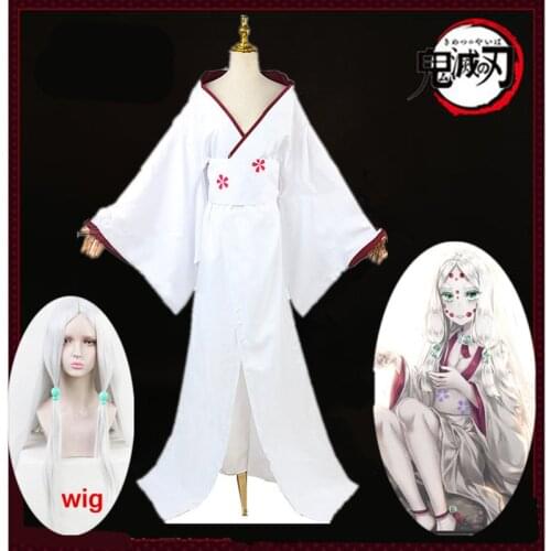 Anime Demon Slayer: Kimetsu no Yaiba Spider Mother Rui Kimono V-neck Women Cosplay Costume Dress Belt +Cosplay wig full set