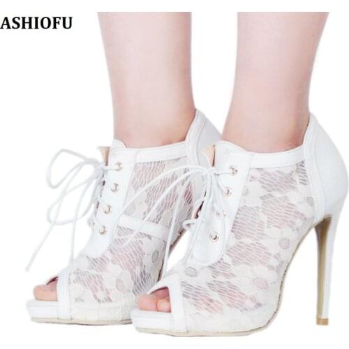 ASHIOFU 2020 Handmade Womens High Heel Pumps Lace Shoelace Wedding Party Dress Shoes Peep-toe Fashion Court Shoes