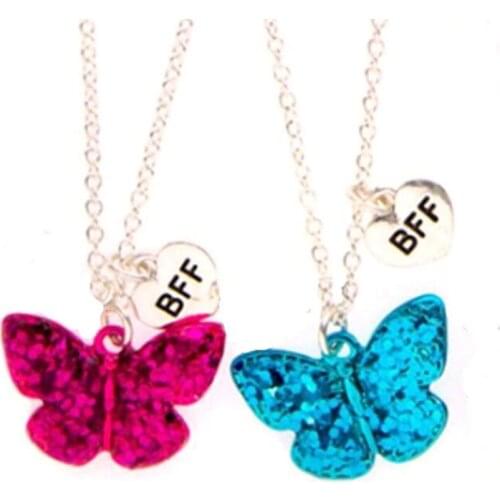 Glitter Sequins Butterfly bff Necklace Metal Animal Pendant Children Best Friends Girls Twins Friendship Jewelry Birthday Gift