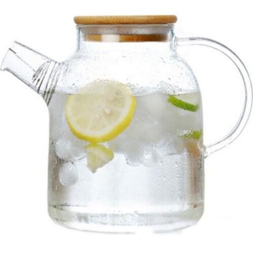 1L/1.8L Transparent Glass Teapot Heat Resistant Flower Kettle Water Jug with Bamboo/Stainless Steel Cover Clear Juice Container