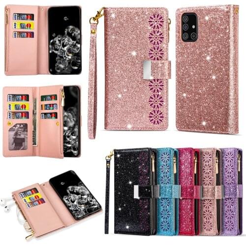 For Samsung A91 A81 A71 A51 A41 A21 A70 A50 A30 A20 A70S A50S A30S A10E J7 Bling Zipper PU Leather Wallet Purse Flip Case Cover