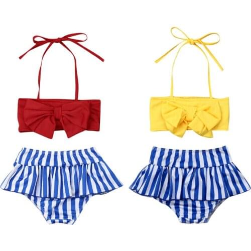 FOCUSNORM Summer New Kids Baby Girl Bikini Sets Bowknot Tops Striped Skirted Bottom Swimwear Beachwear Bathing Suit 2PCS Clothes