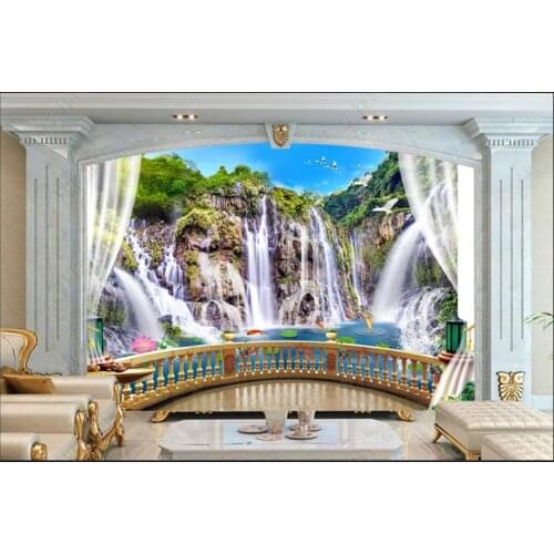 Custom photo wallpaper for walls 3 d murals Modern Idyllic window outside balcony waterfall pond TV background wall papers decor
