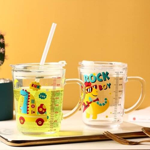 Sealed Milk Cup for Kid , with Lid Straw , Graduated Water Cup , Drop-proof , Cartoon Unicorn Dinosaur Print Glass Measuring Cup