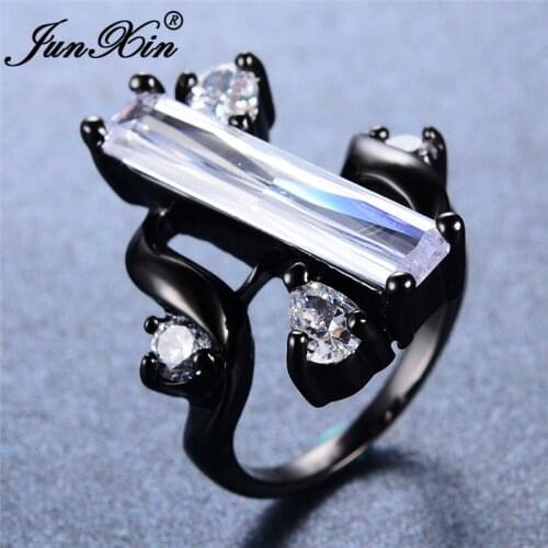 JUNXIN Rectangle Big S Rings For Women Men Black Gold Filled Teardrop Red White Pink Purple Blue Zircon Birthstone Wedding Ring