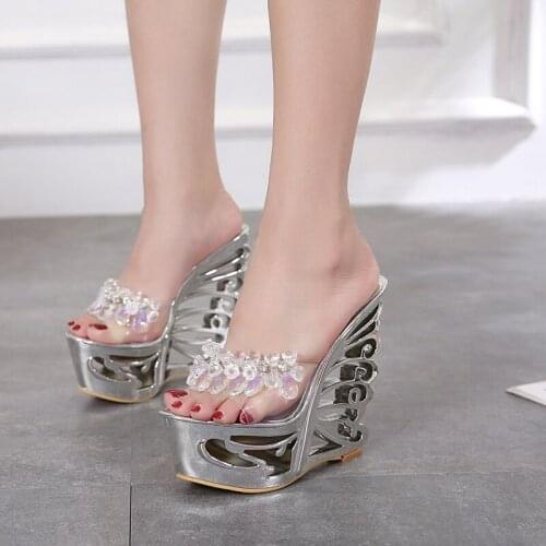 Summer Fashion Special-shaped Heel 14.5cm Ultra High Heel Sandal Women Crystal Diamond Party Shoes Hollow Platform Wedge Pumps