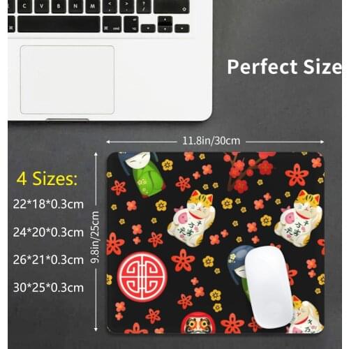Maneki Neko Japanese Waving Lucky Cat Geisha Girls On Black By Moose Disco Mouse Pad 1323