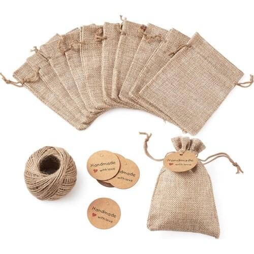 Burlap Packing Pouches Drawstring Bags with Jewelry Display Kraft Paper Price Tags and Hemp Cord Twine String for Jewelry Making