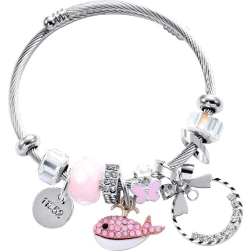 Fashion Bracelets & Bangles Stainless Steel DIY Jewelry Big Pink Bear Pendant Hearts Love Womens Bracelet Cuff Charms Pulseras