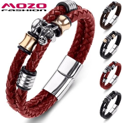 MOZO FASHION Men Bracelet Braided Leather Rope Chain Stainless Steel Skull Bracelet Male Punk Bangle Skeleton Jewelry PS2063