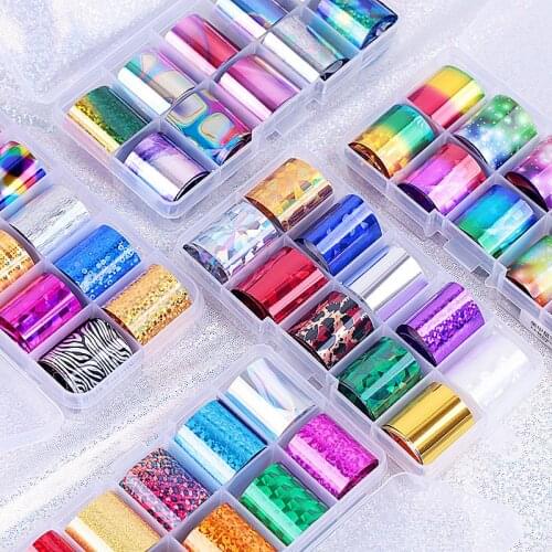 10Colors Holographi Nail Foil Transfer Set Flower Laser Starry Nail Stickers Transfer Sticker Foil Nails Sticker Art Decoration
