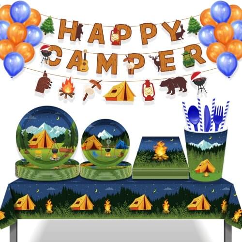 Cool Outdoor Camping Barbecue Fire Picnic Party Disposable Tableware Sets Plates Latex Balloons Globos Birthday Party Decors