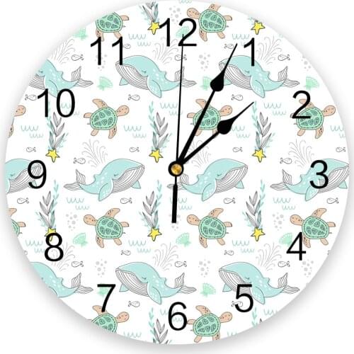 Marine Life Sea Turtle Dolphin Cartoon Wall Clock Kitchen Home Living Room Bedroom Decorative Kids Room Wall Decor Hanging Clock