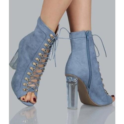 New Design Women Fashion Open Toe Denim Design Thick Crystal Heel Ankle Boots Lace-up Cut-out High Heel Jean Boots