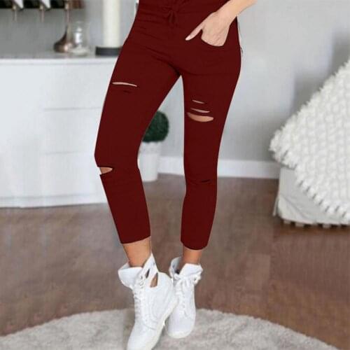 Slim Women Elastic Waist Ripped Leggings for Travel Cropped Pants Slim Women Elastic Waist Ripped Leggings for Travel