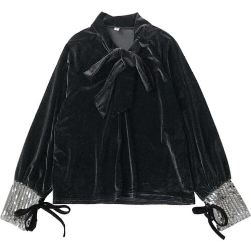 PERHAPS U Women Solid Runway Violet Black Velvet Sequined Stand Collar Lace Up Bow Long Sleeve Shirt Blouse B0452