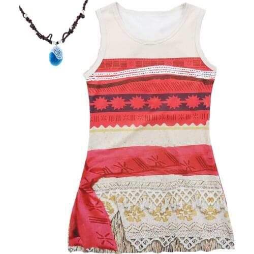 Girls Moana Dresses with Necklace Children Printed Lac Milk Silk Dresses For Girls Princess Dresses Kids Party Cosplay Clothes