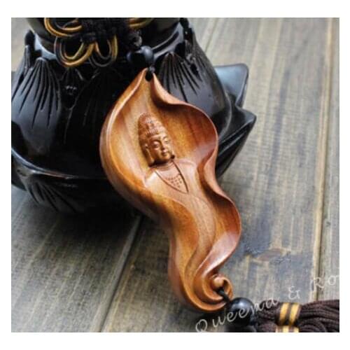 Chinese Knot Wood Carving Leaf Guan Kwan Yin Buddha Statue Car Pendant Amulet