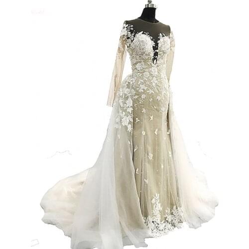 RSW464 Long Sleeves Bridal Gowns Exquisite Embroidery Appliques O-Neck 2 In 1 Detachable Train Wedding Dress Customize Made (1)