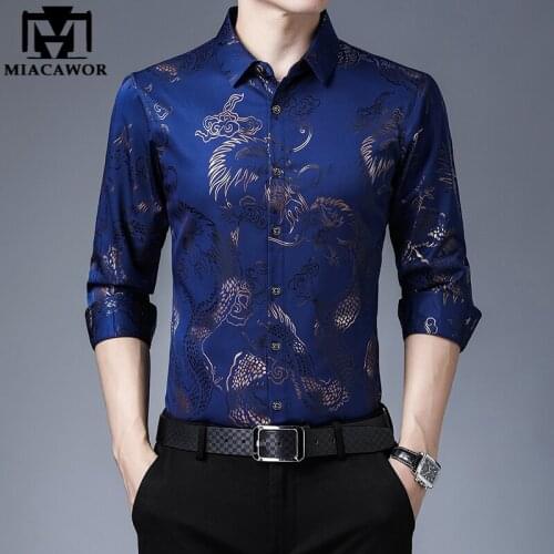 New Brand Designer Shirts Men Chinese Dragon Print Slim Fit Luxury Spring Long Sleeve Casual Shirts Camisa Masculina C806