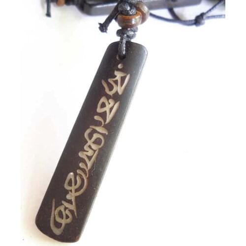 TNL353 Tibetan Yak Bone Carved Mantras Amulets Pendant Necklace OM MANI PADME HUM Black