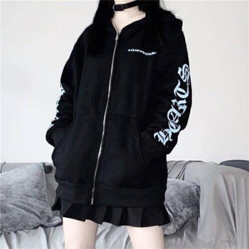 Vintage Letter Print Oversized Hoodies Female Zip Up Long Sleeve Women Sweatshirt Y2K Aesthetic Autumn Winter Grunge Streetwear