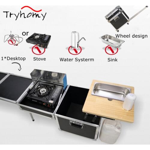 55L Outdoor Kitchen Portable Folding Kitchen Hiking Camping Cooking Table With Wind Shield Camp Table Storage USB Charge