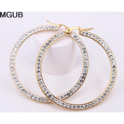 MGUB 2018 New design Gold Color Stainless Steel for women Large Classic crystal circle hoop earrings for women gift HX46