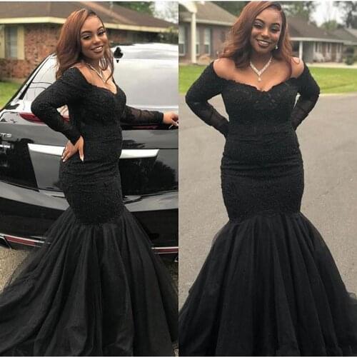 Black Mermaid Prom Dresses 2020 Off the Shoulder Long Sleeve Evening Dresses Sexy V-neck Plus Size Party Dress Robe De Soiree