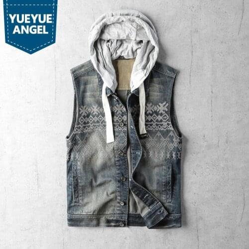 Men Hooded Detachable Denim Vest Outdoor Sleeveless Casual Cargo Jacket Spring Autumn Geometric Single Breasted Waistcoat