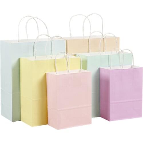 10/80pcs Kraft Paper Bag with Handles Festival Gift Bags Shopping Bags DIY Useful Candy Color Packing Bags