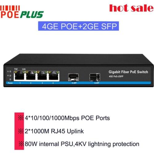4GE POE+2SFP POE switch 4 ports 100/1000Mbps POE with 2*1000M SFP internal 80w PSU inside