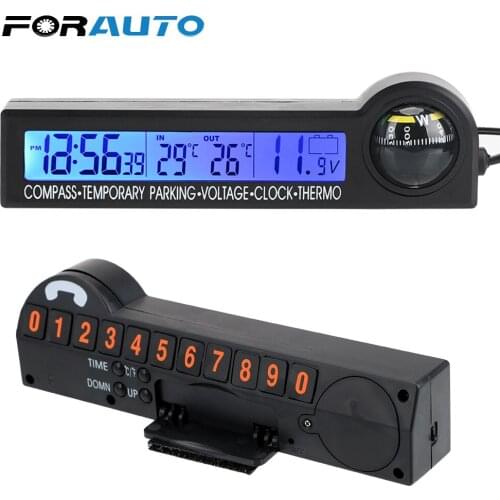 5 in 1 Car Temporary Parking Card LCD Display Clock Calendar Compass Thermometer Voltage Tester LED Backlight Screen Portable