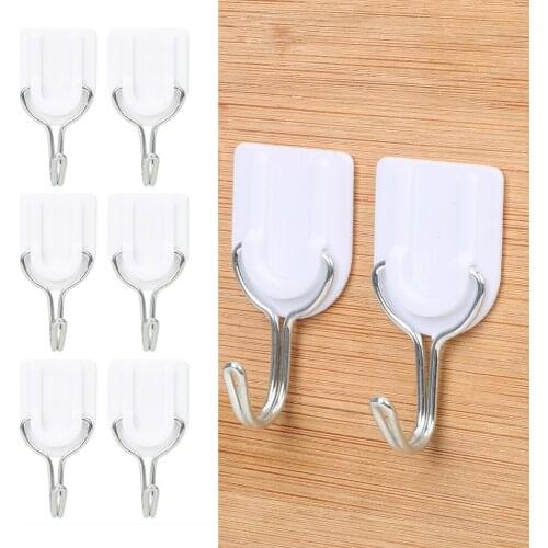 6pcs/set Strong Adhesive Hook Door Sticky Hanger Holder Wall Mounted Kitchen Bathroom Wall Plastic Hook Stainless steel