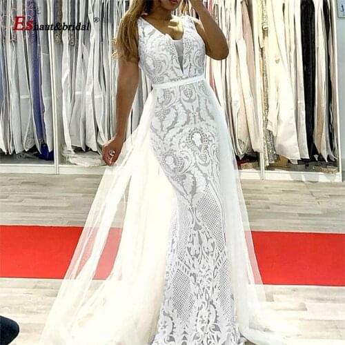 White Skin V-Neck Wedding Dress 2020 Mermaid Sequins Tulle Sleeveless Sparkle Sexy Formal Beach Bridal Gowns