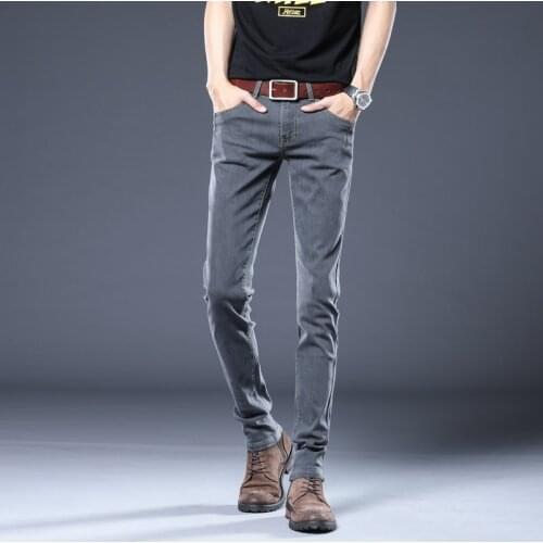TFETTERS 2021 New Jeans Men Mid Waist Straight Slight Elastic Full Length Pant Slim Fit Pencil Pants Mens Skinny Jeans Men