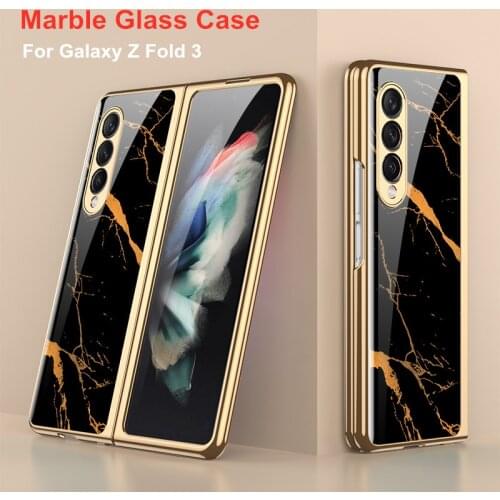 Patterned Tempered Glass Case For Samsung Galaxy Z Fold 3 5G Case Luxury Plating frame Hard Glass Cover For Galaxy Z Fold 3