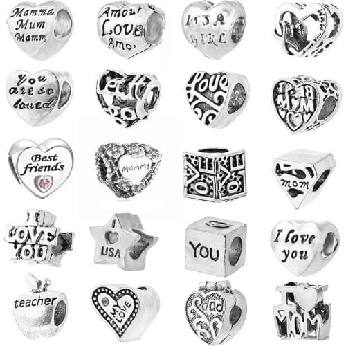 2Pcs High Quality Love Heart Teacher Best Friend I Love You Beads Fit Original Charm Bracelets For Women Mom DIY Jewelry Making